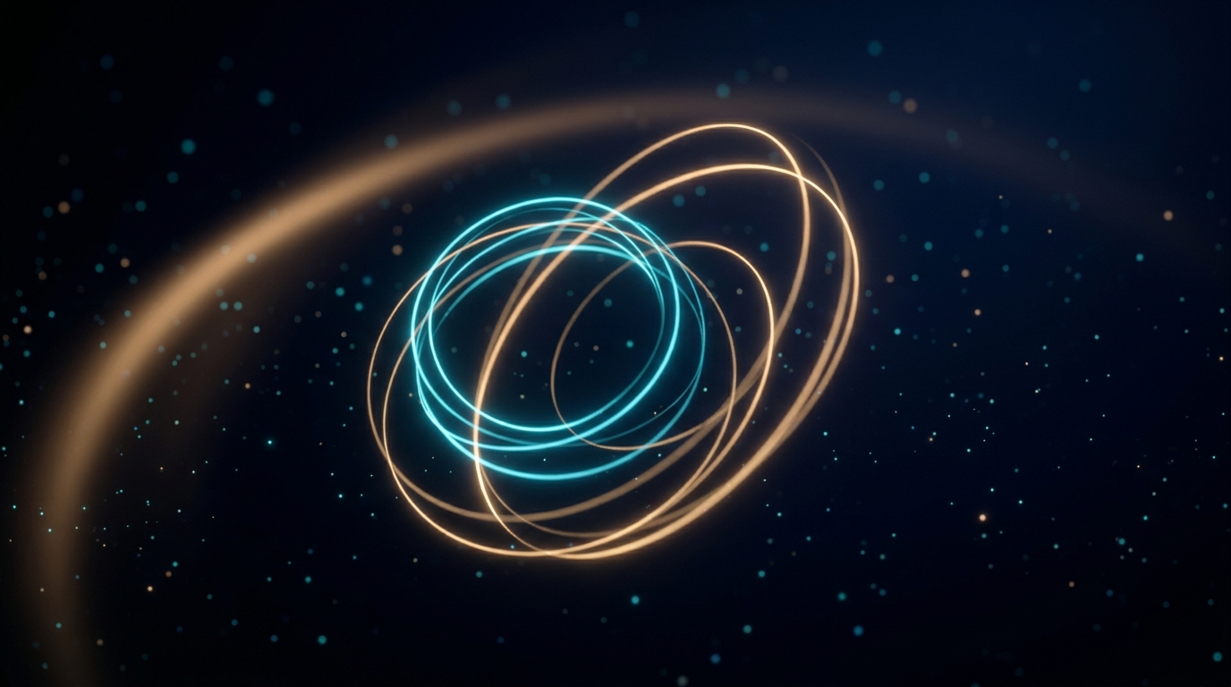 Abstract glowing interlocking rings suggesting the Mayan Tzolk'in cycle versus a zodiac