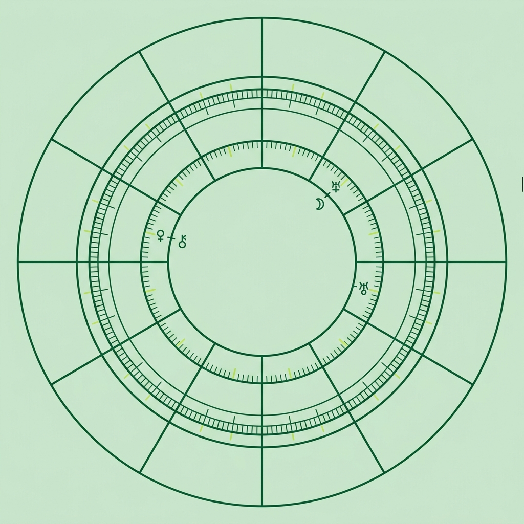 Illustrated natal chart wheel mapping zodiac sign dates across twelve geometric house divisions